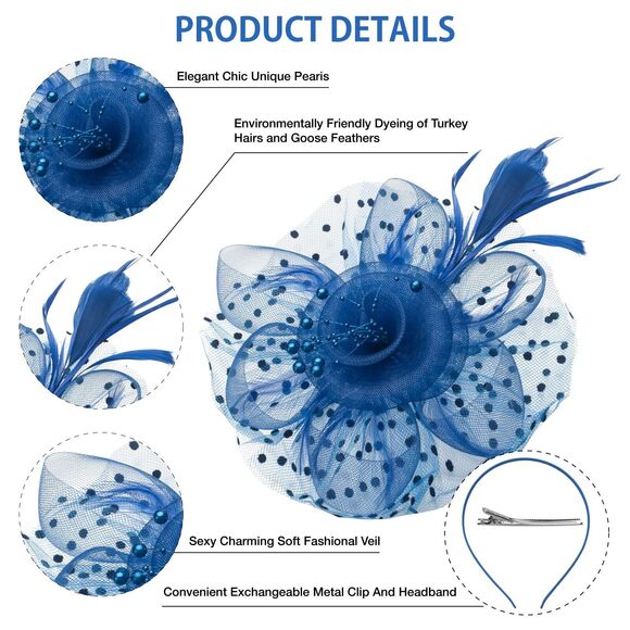 Blue Fascinators Hats For Women, Tea Party Headband Derby Hats For 8488 - Picture 4 of 7